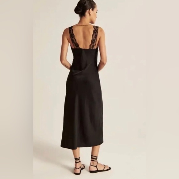 SOLD Abercrombie and Fitch black silk Satin Slip lace trim maxi Dress size large - Picture 4 of 10